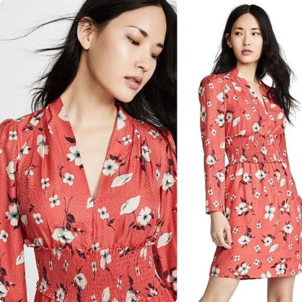 Rebecca Taylor Daniella Red Floral Silk Dress Sz 4 Smocked Waist V-Neck Pockets